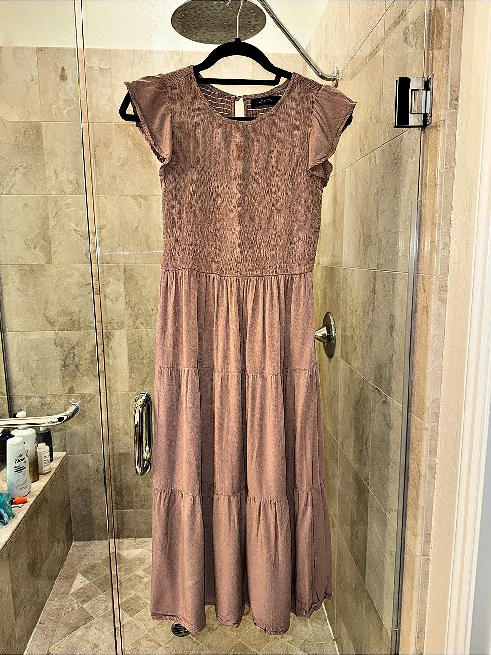 Flutter Short Sleeve Smocked Tiered Midi Dress Brown Small